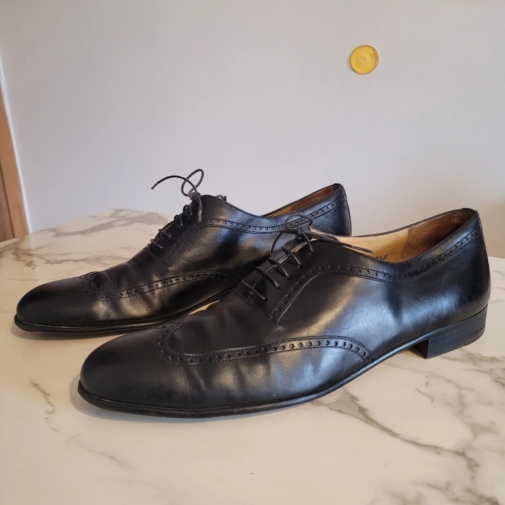 Salvatore Ferragamo Black Leather Lace-up Wingtip Oxfords Shoes Mens 10.5B